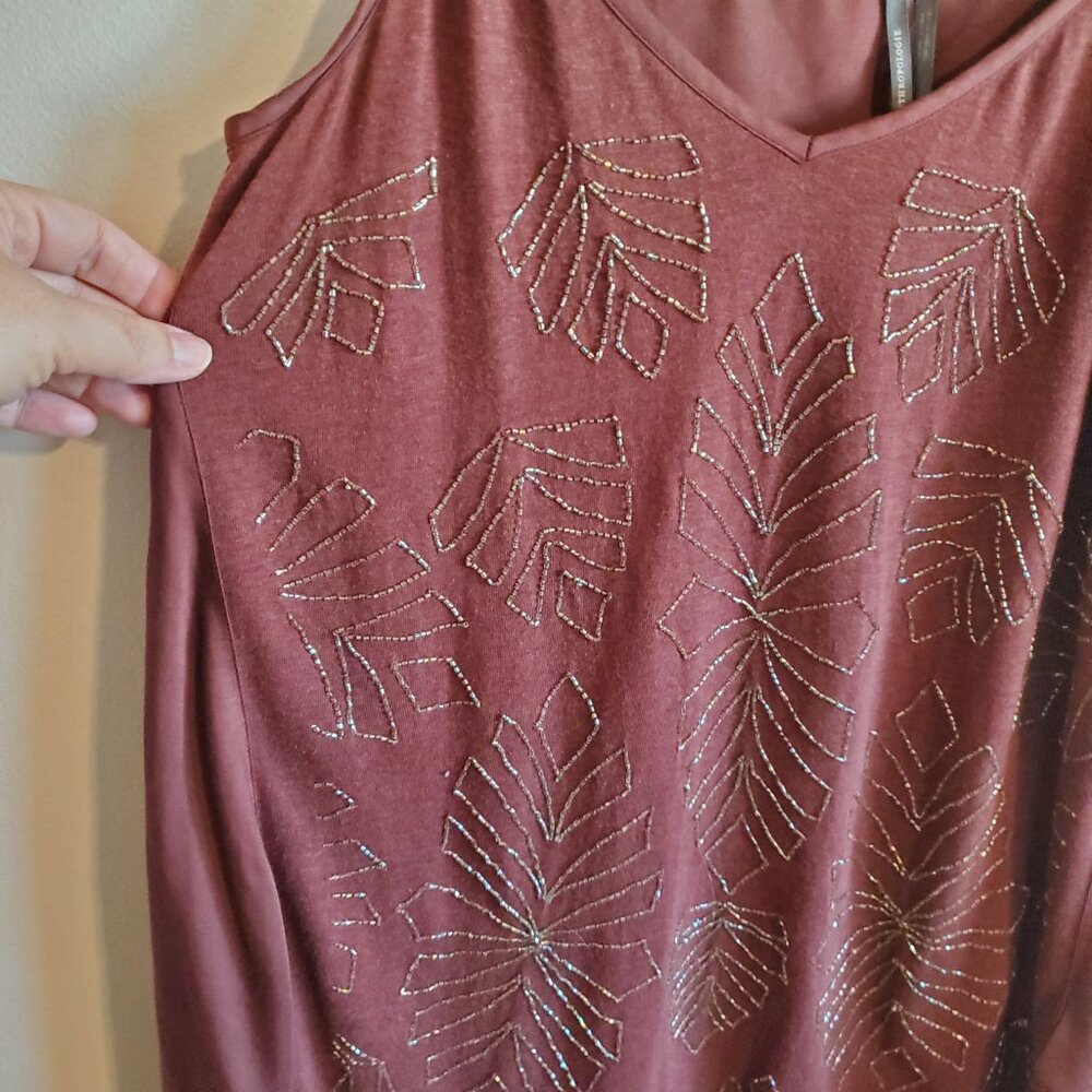 Anthropologie Alison Small Beaded Tank Top Chocolate Brown Embellished Leaves - Picture 5 of 16